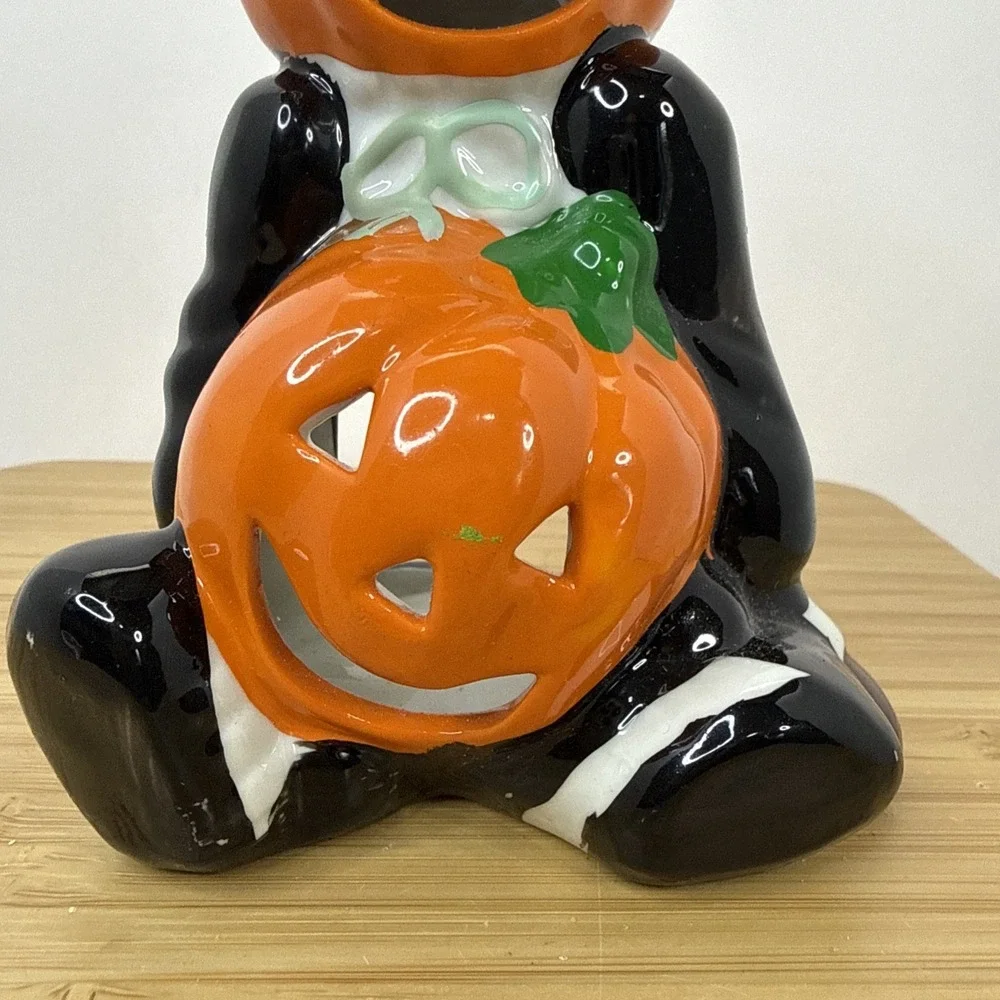VTG Pumpkin Halloween Jack O Lantern Votive Candle Holder Light‎ Up Head Ceramic